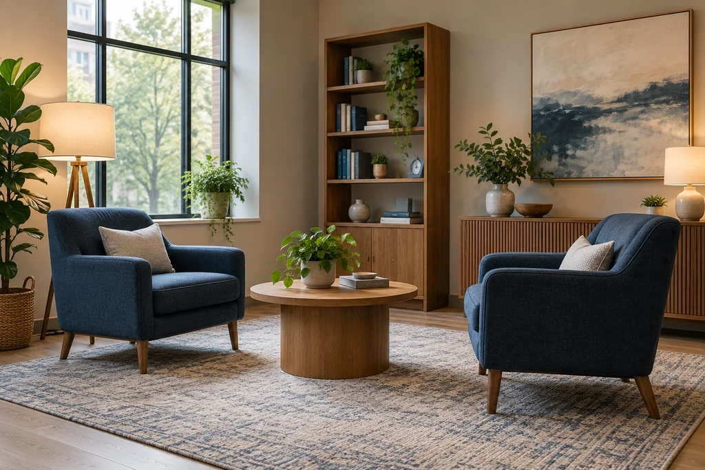 Two navy armchairs in a quiet consultation room.
