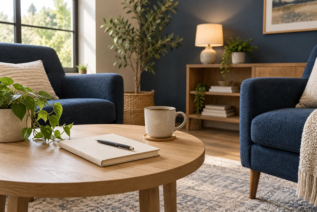 Notebook and coffee on a table in a counseling office with navy chairs.