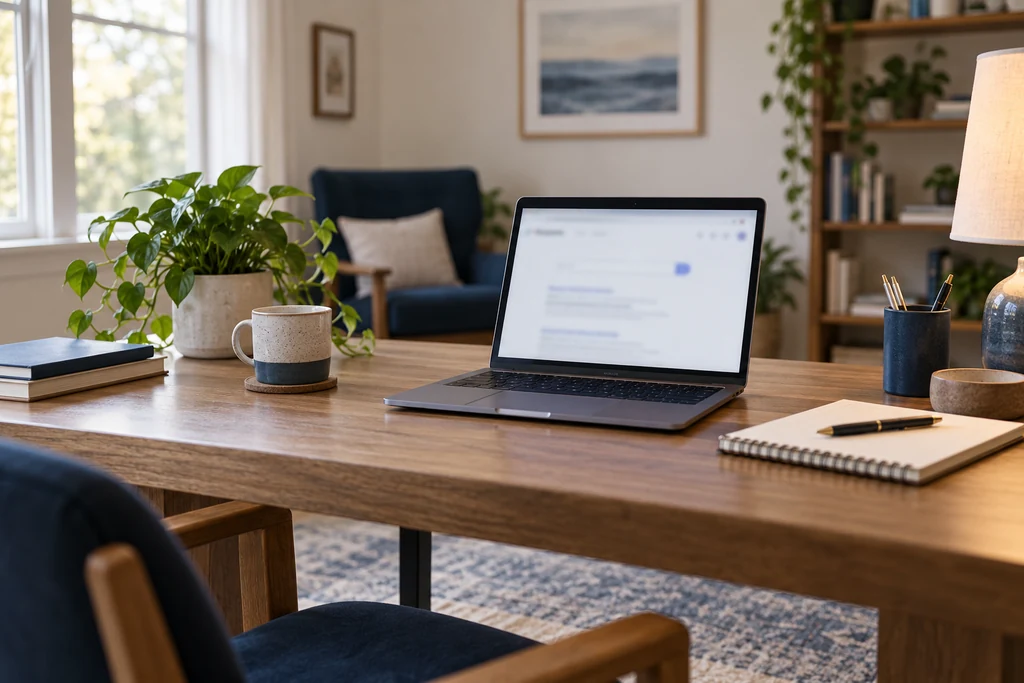 A laptop and notebook on a wooden desk in a quiet therapy office.