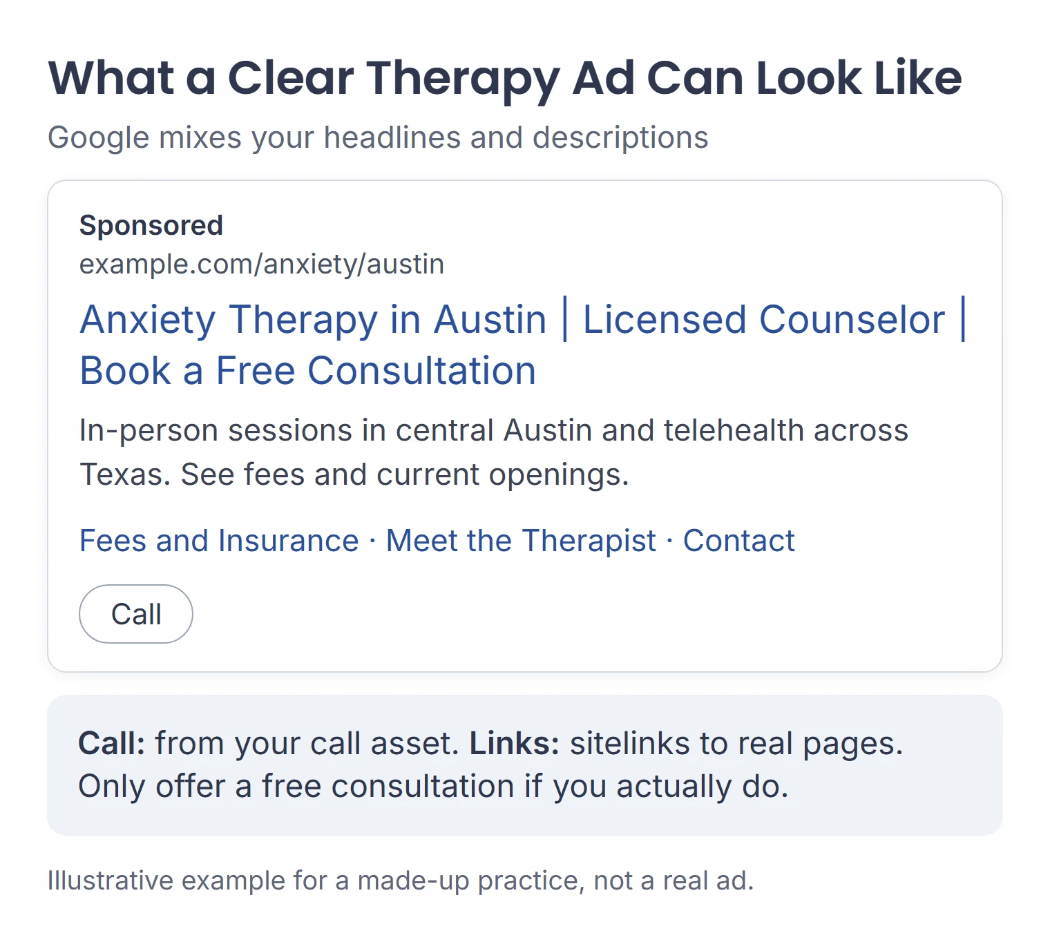 Illustrative responsive search ad for an anxiety therapist in Austin, with service, credential and consultation headlines, sitelinks to fees, the therapist's bio and contact, and a call button