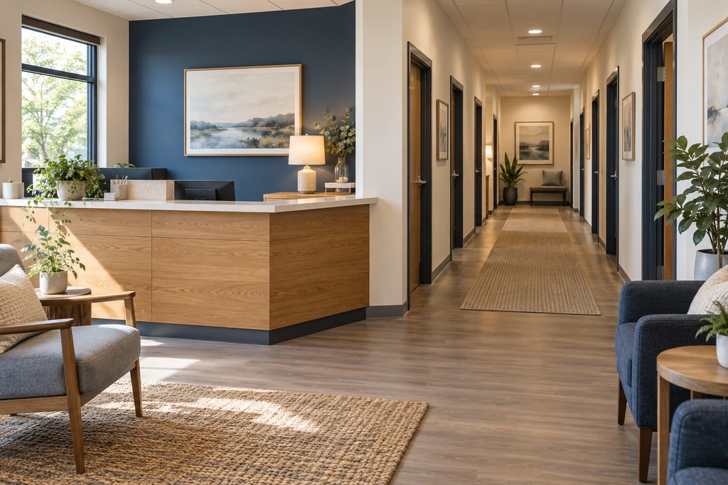 Bright clinic reception area with a hallway leading to several offices.