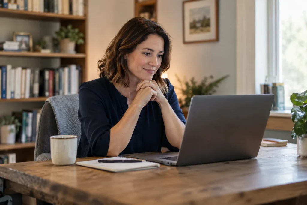 Therapist using a laptop in a calm private office.