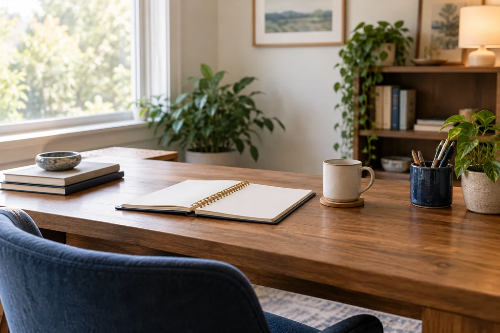 Open planner and mug on a wooden desk beside a window in a therapy office